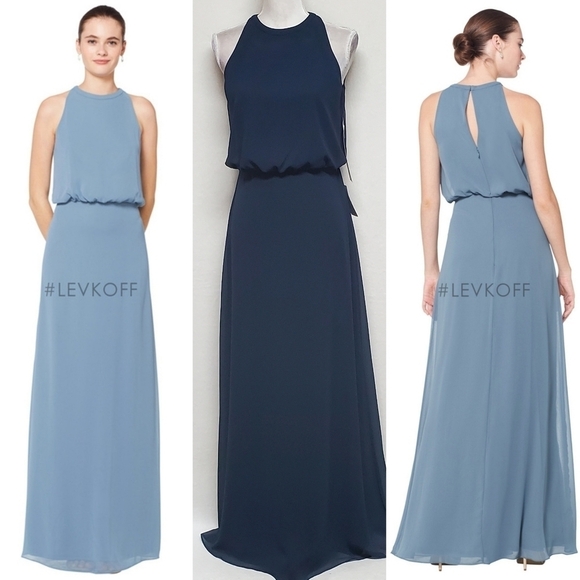 BLOOMINGDALE'S Levkoff 7081 Navy Blue Chiffon Sleeveless Halter Maxi Dress 6 - Picture 1 of 10